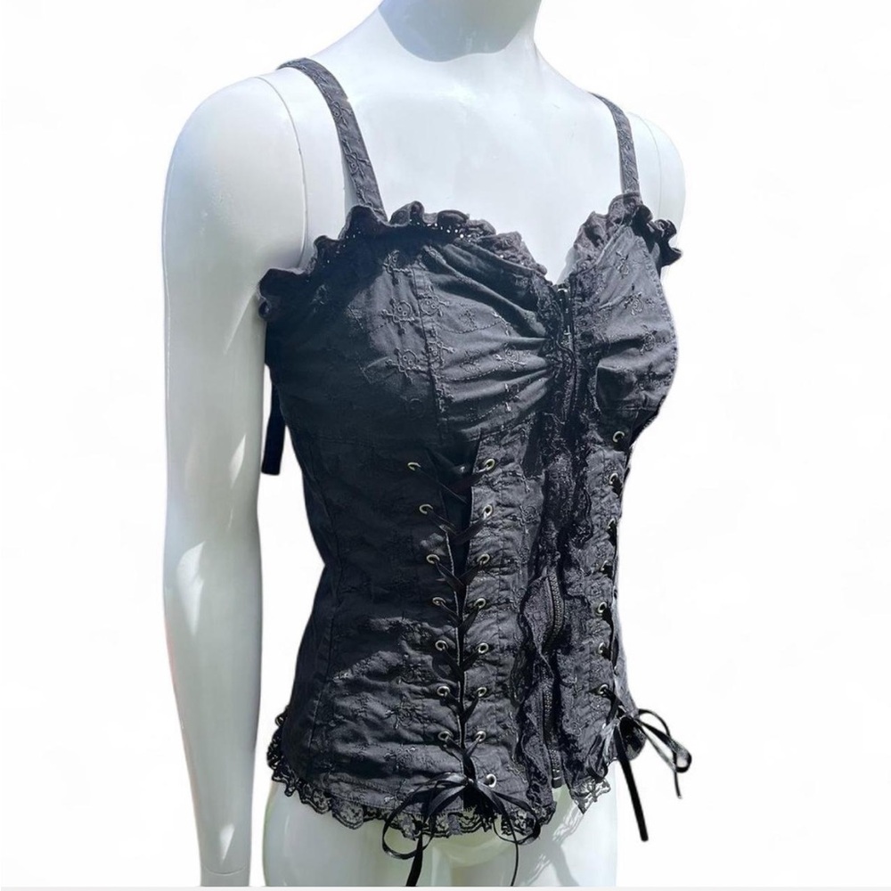 Royal Bones Vintage Black Bustier Bodysuit with lace and skull embroidery